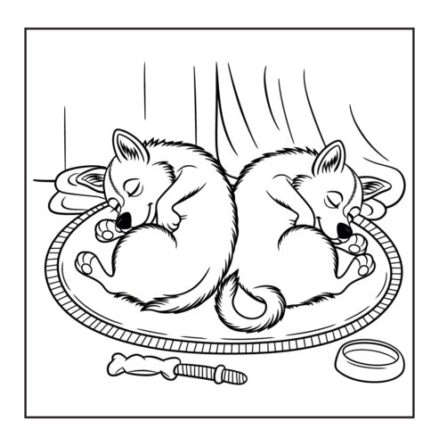 Two puppies sleeping curled together on circular dog bed