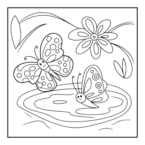 Two smiling butterflies near pond with happy flower above