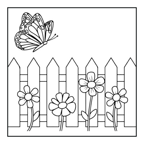 White picket fence with flowers and butterfly overhead