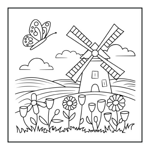 Windmill in countryside with butterfly and flower garden