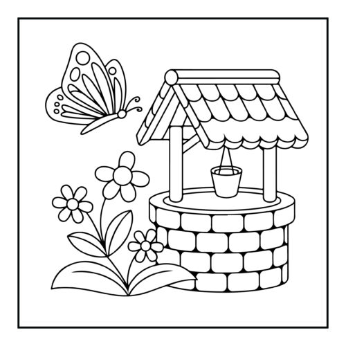 Wishing well structure with butterfly and simple flowers