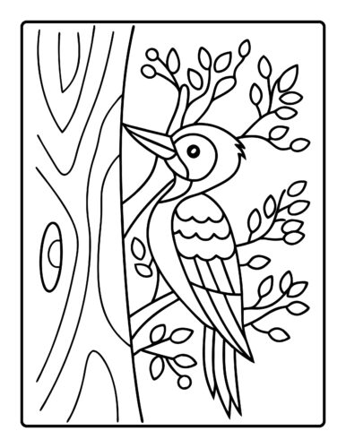 Woodpecker on tree trunk with sharp beak