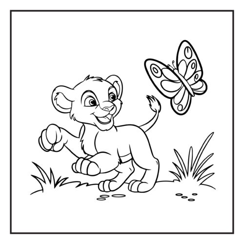 Young lion cub playing with colorful butterfly