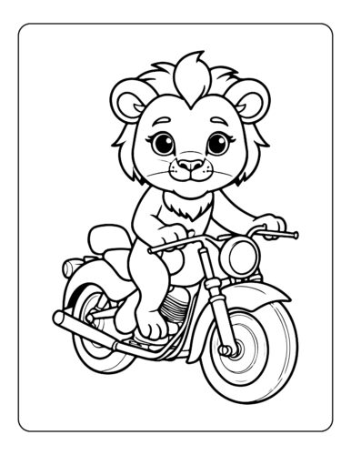 Young lion riding a motorcycle, shown in profile