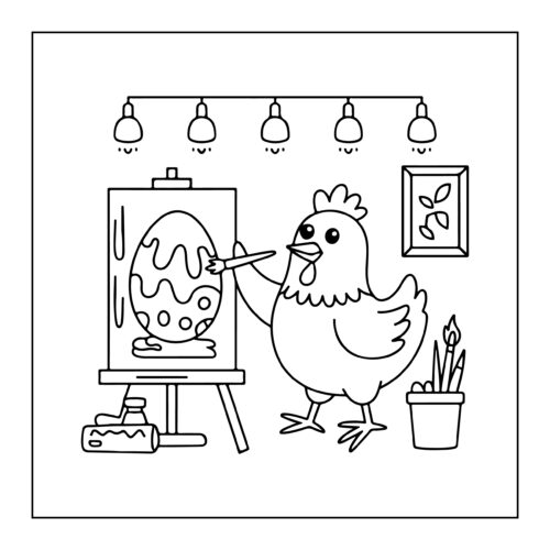 Artist chicken painting on easel