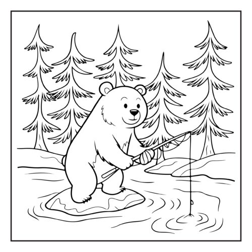 Bear fishing by evergreen trees peacefully