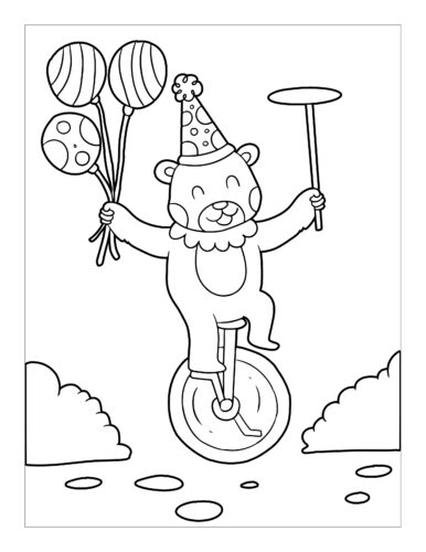 Bear unicycling with balloons