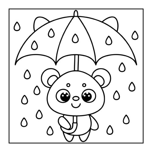 Bear with umbrella in rain