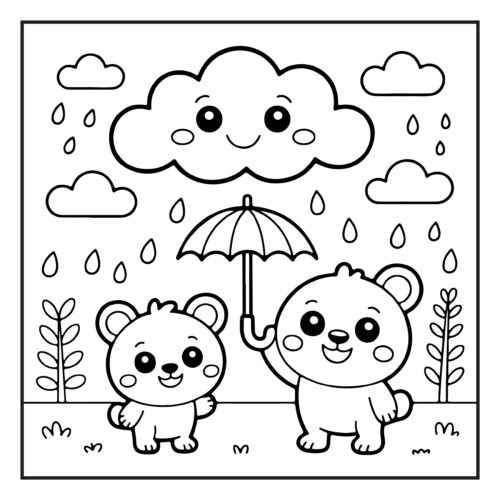 Bears sharing umbrella in rain