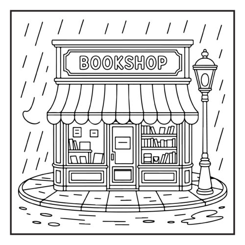 Bookshop storefront on rainy day