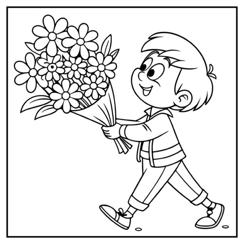 Boy carrying large flower bouquet