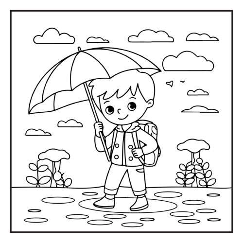 Boy with umbrella and backpack