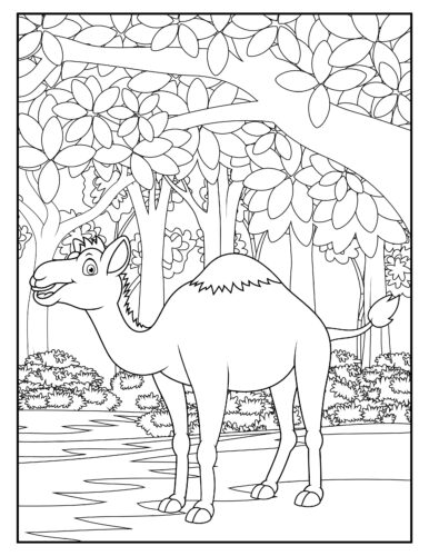 Camel resting under jungle trees