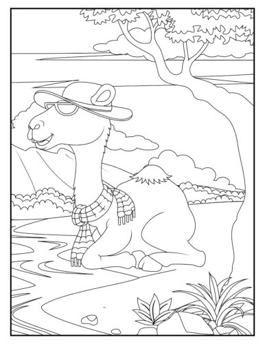 Camel wearing hat by water