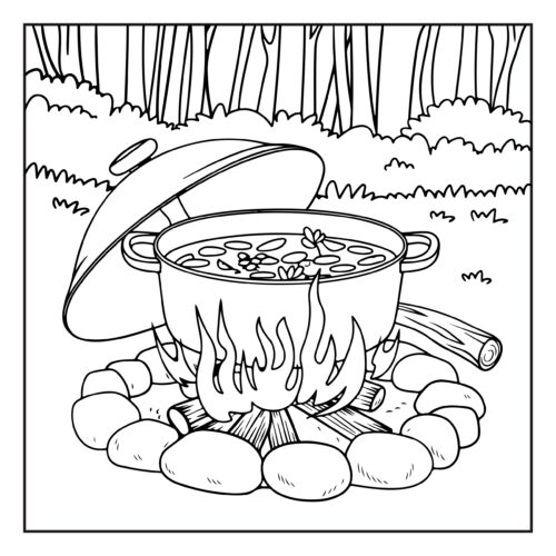 Campfire cooking pot in forest clearing