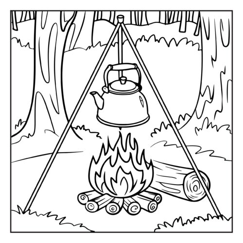 Campfire kettle hanging over burning flames