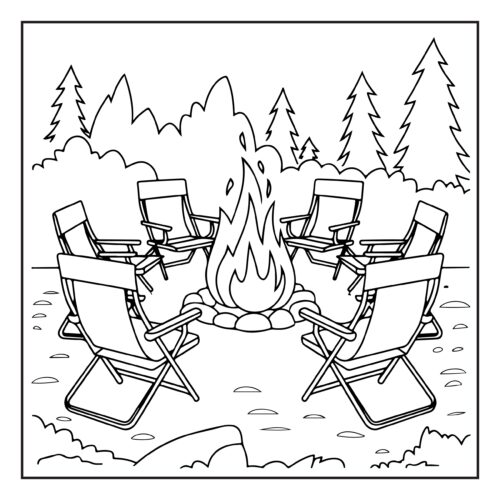 Campfire surrounded by chairs in forest