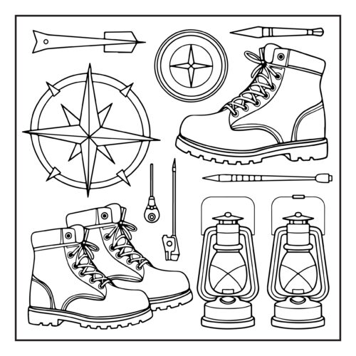 Camping equipment compass boots lanterns
