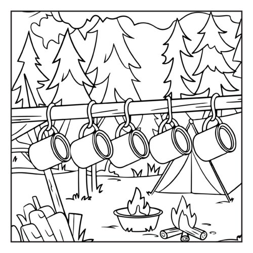 Camping mugs hanging above small campfire
