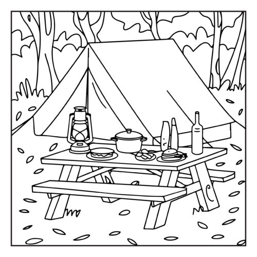 Camping tent with picnic table setup