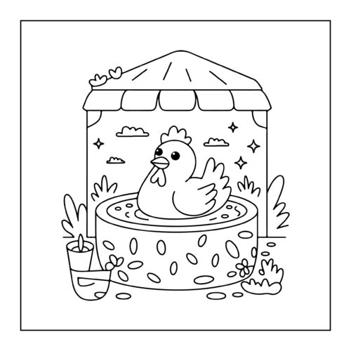 Chicken bathing in polka dot tub