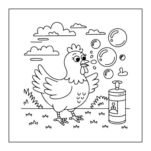Chicken blowing bubbles outside scene