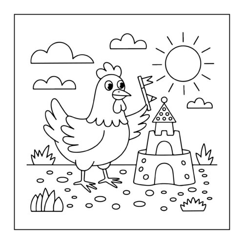 Chicken building sandcastle at beach