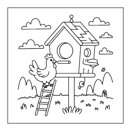 Chicken climbing ladder to birdhouse