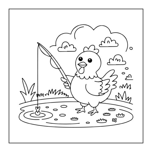Chicken fishing by the pond