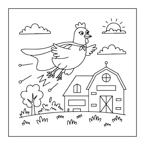 Chicken flying over farm barn