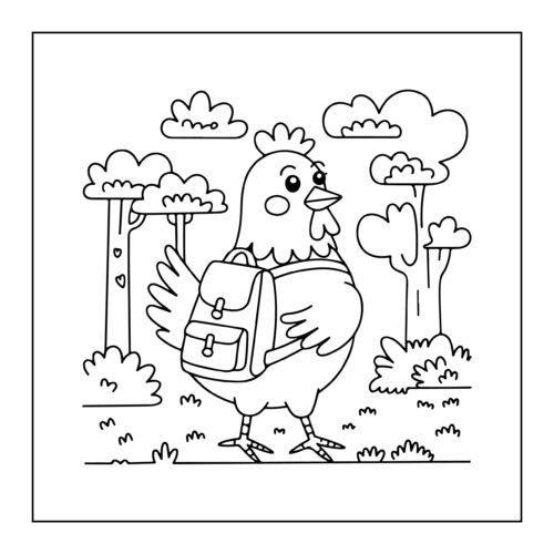 Chicken hiking with backpack outdoors