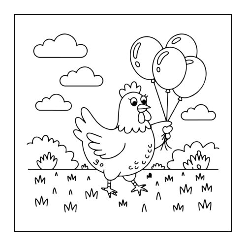 Chicken holding colorful party balloons