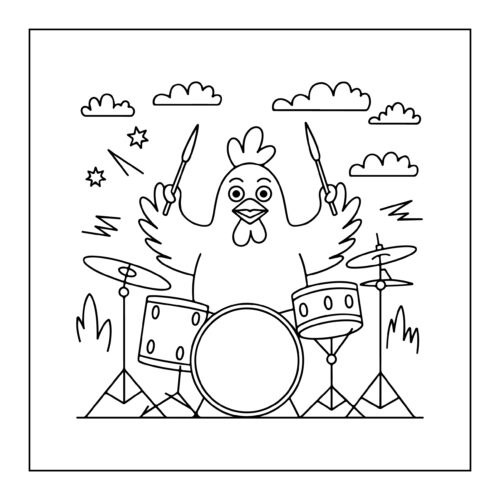 Chicken playing drums on stage