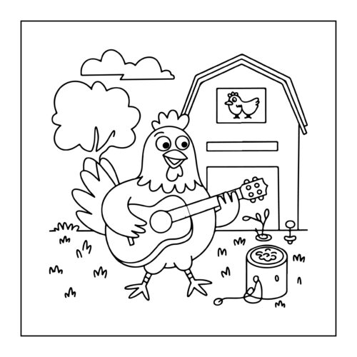 Chicken playing guitar by barn