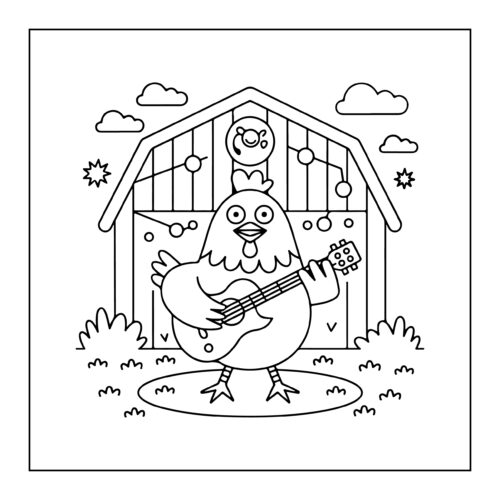 Chicken playing guitar near barn