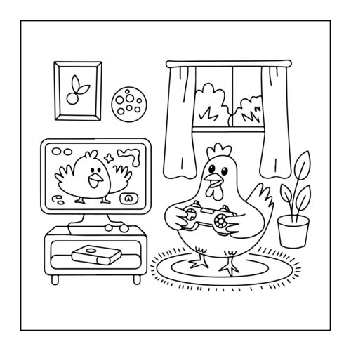 Chicken playing video games indoors