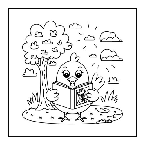 Chicken reading book under tree