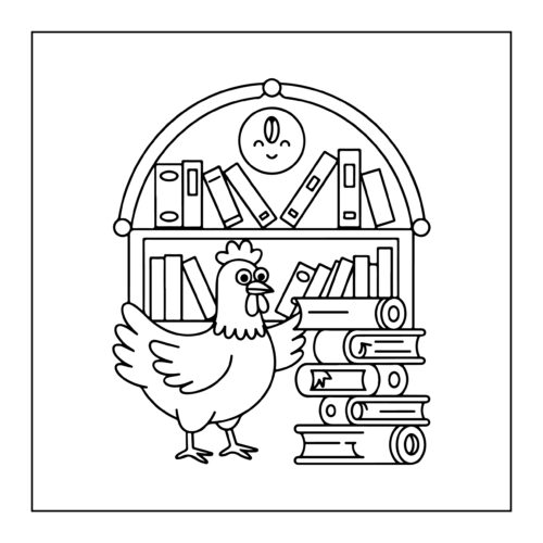 Chicken reading books in library