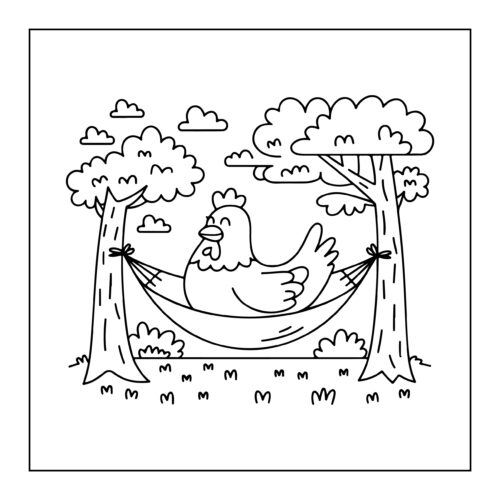 Chicken relaxing in tree hammock