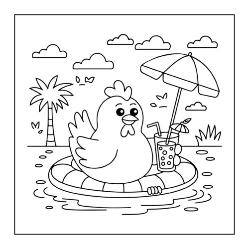 Chicken relaxing on pool float