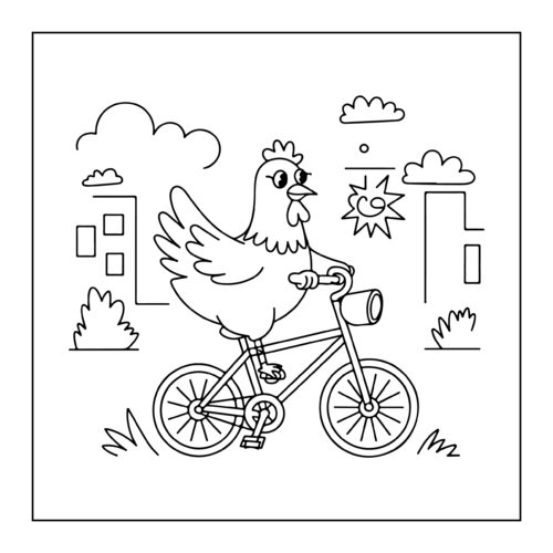 Chicken riding bicycle through town