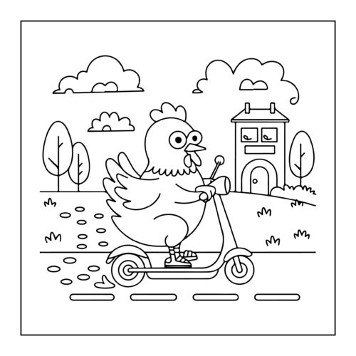 Chicken riding scooter through town
