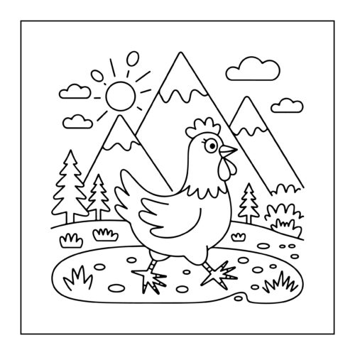 Chicken standing in mountain landscape