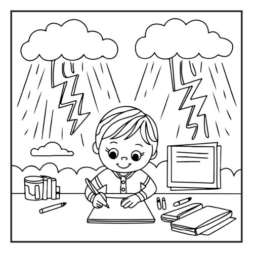 Child studying during thunderstorm indoors