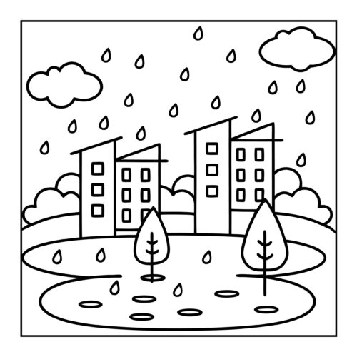 City buildings in the rain