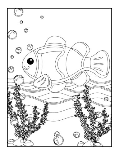 Clownfish swimming through seaweed plants
