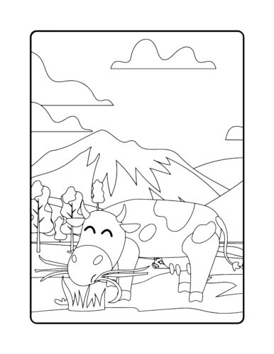 Cow eating grass near mountains
