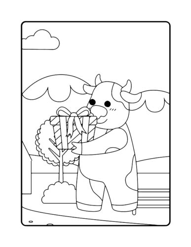 Cow holding wrapped gift box