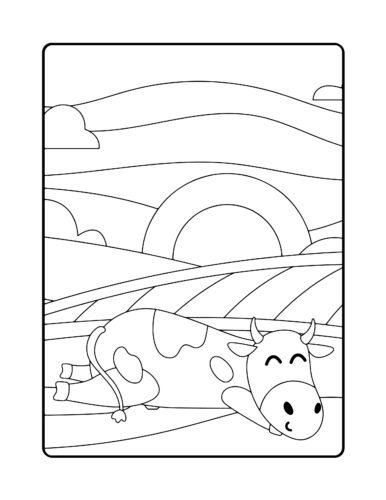 Cow resting by sunset hills