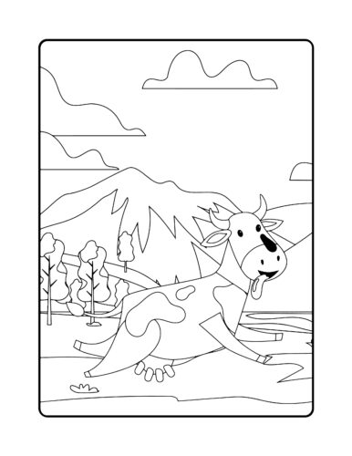 Cow running through farm landscape